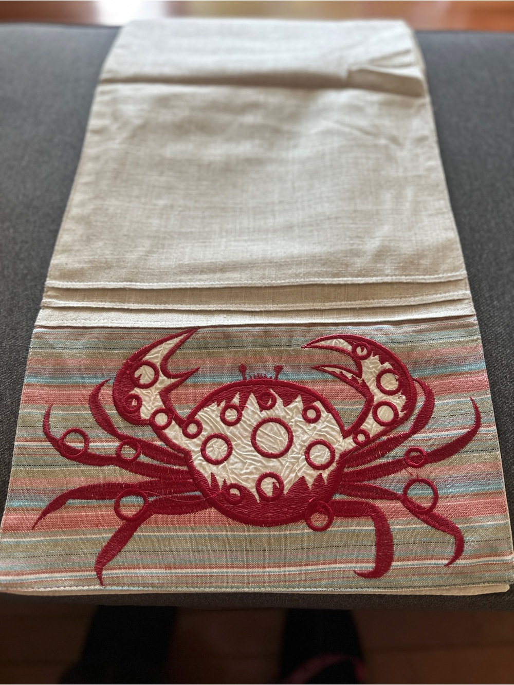 Embroidered Crab Linen Table Runner - Red & Beige (70 Inches)